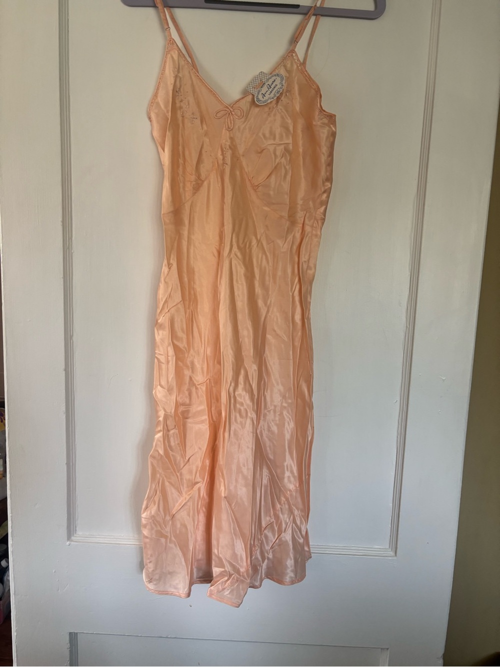 Sleeper-Inspired Peach Satin Midi Slip Dress with Lace Detail